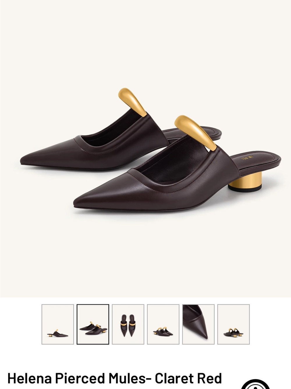 JW PEI Helena Pierced Mules in deep burgundy with gold accents